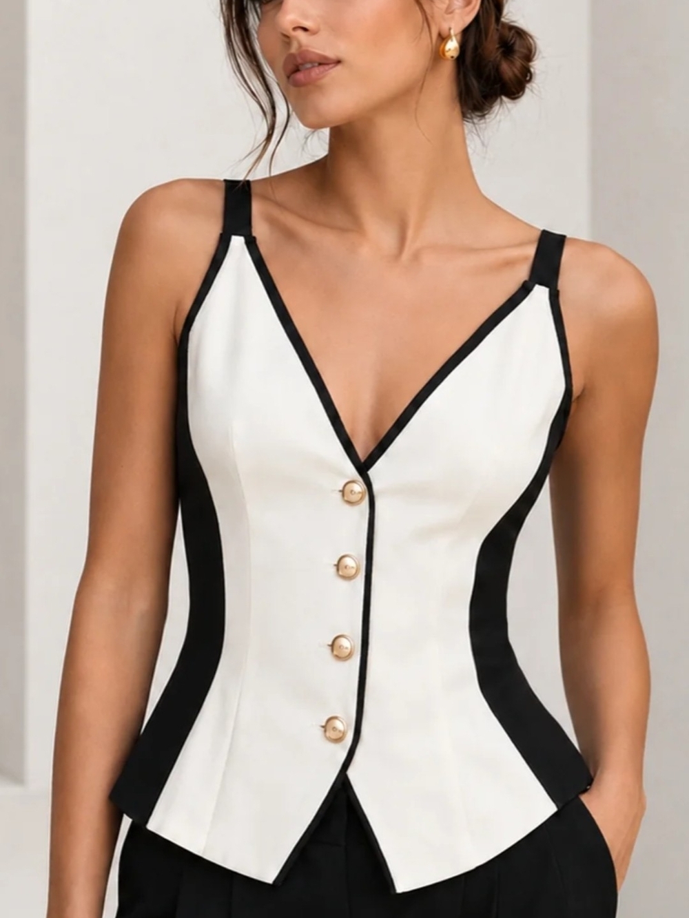 Commense Black and White V-Neck Contrast Corset Camisole